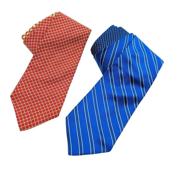 Lot of 2 Tommy Hilfiger Silk Ties Dual Pattern Red Cream & Blue White Made USA - Picture 1 of 10